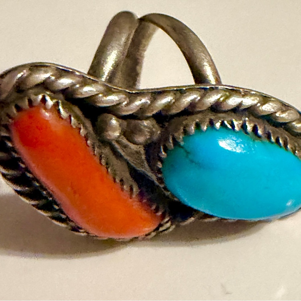 Vintage Native American Sterling Silver Artisan Turquoise Coral Bypass Ring